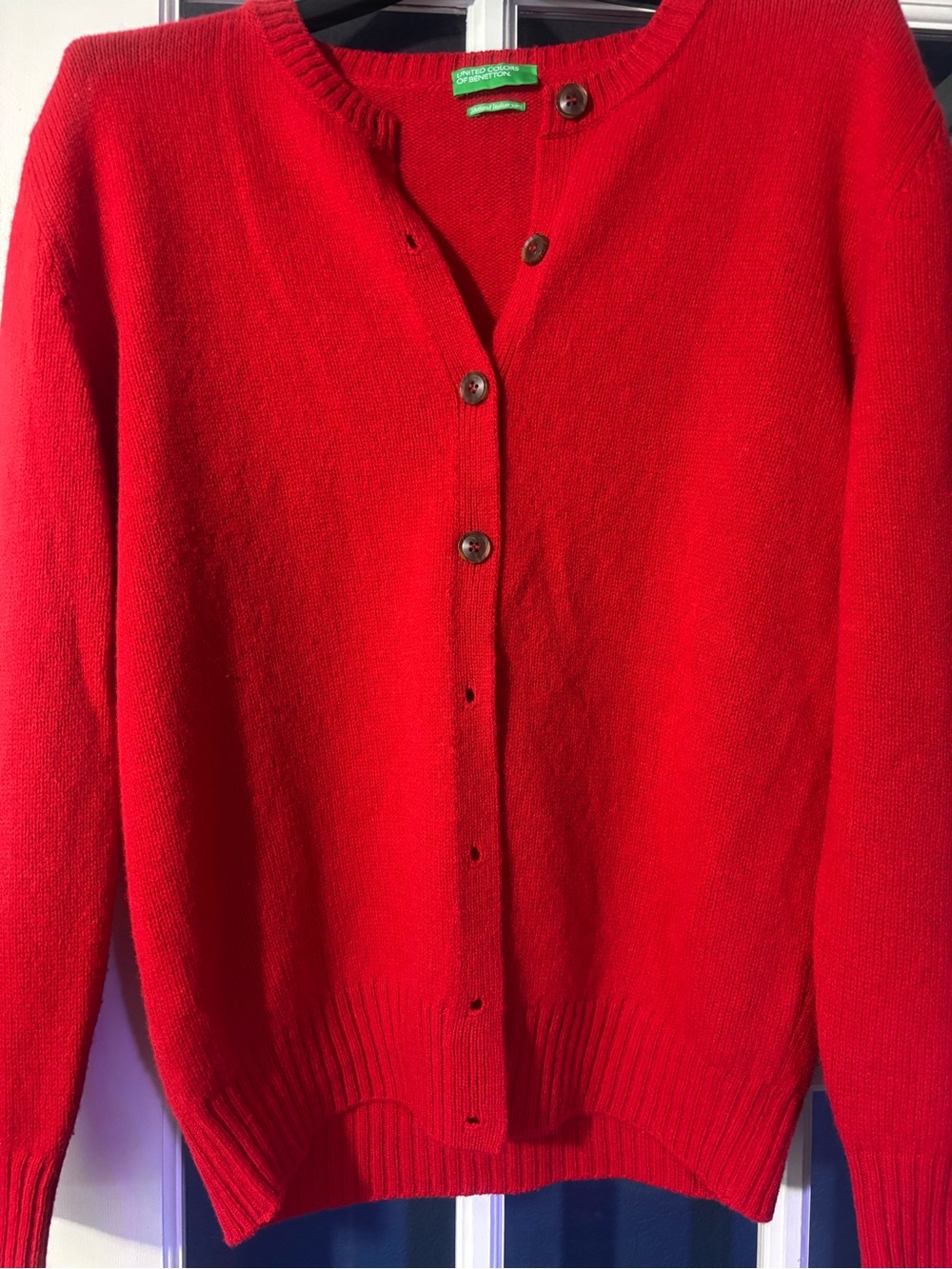 RARE United Colors Of Benetton Wool Red Button-Up Knit V Neck Cardigan Sz XL